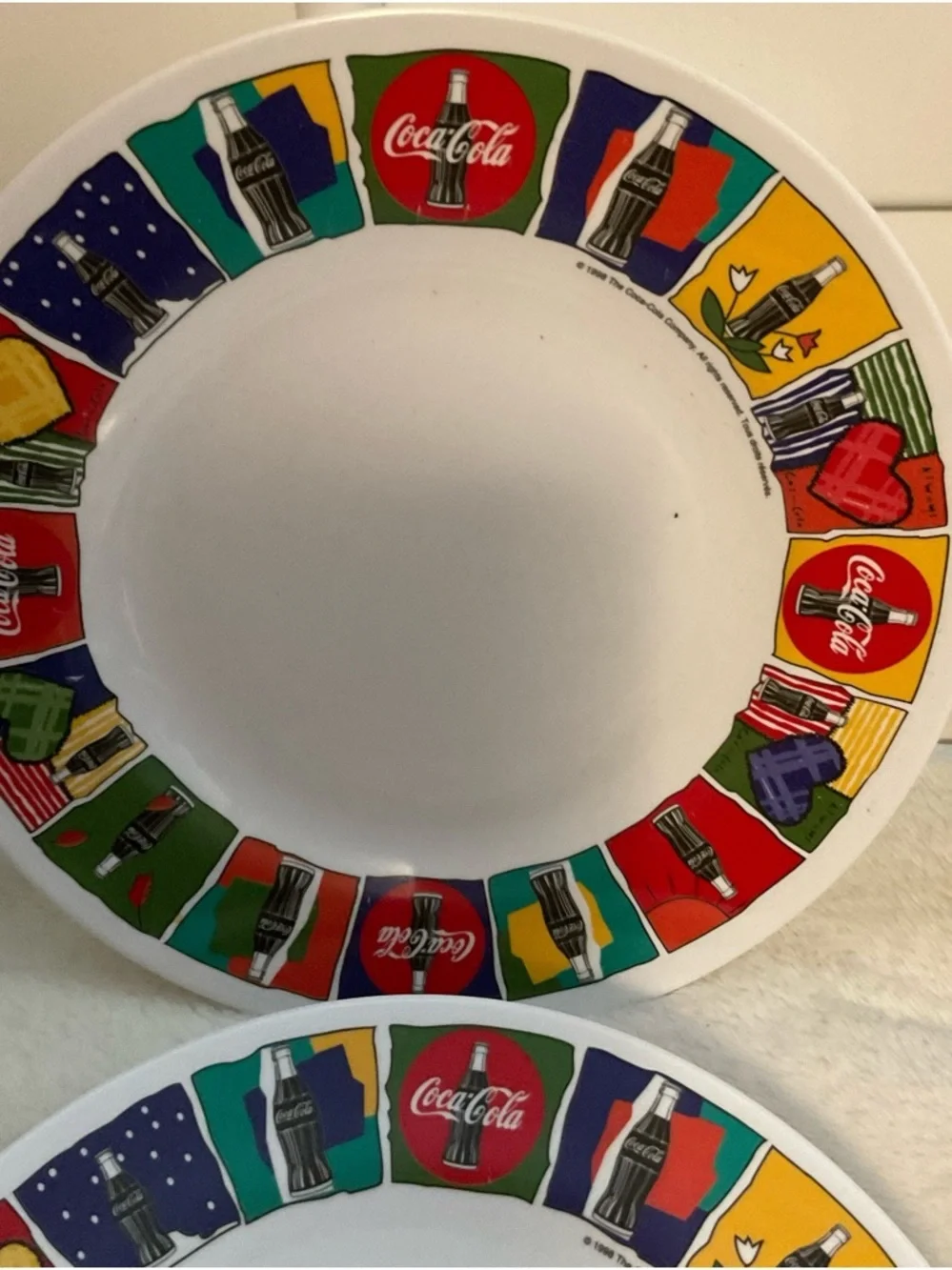 Coca-Cola White Ceramic Bowls with Red Heart and Yellow, Green Accents